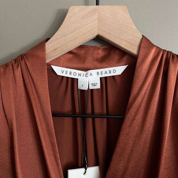 NWT Veronica Beard Agatha Wrap Dress in Cognac Size 2 Brown Silky Satin Ruched - Picture 10 of 16